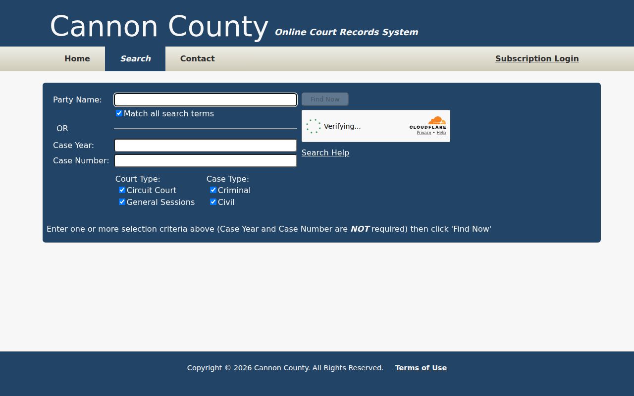 Blank Cannon County case search form