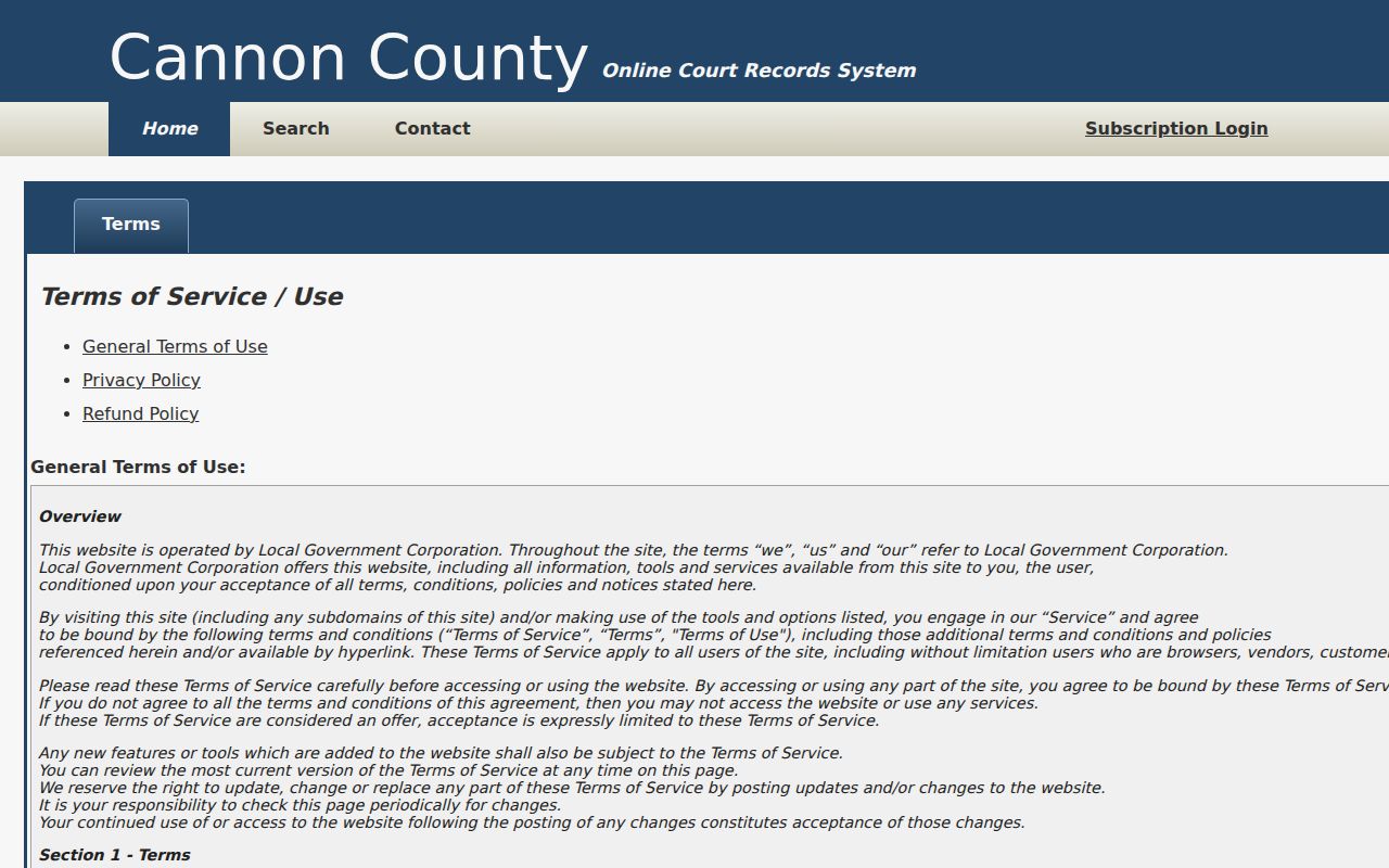 Cannon County case search portal terms and official record notice