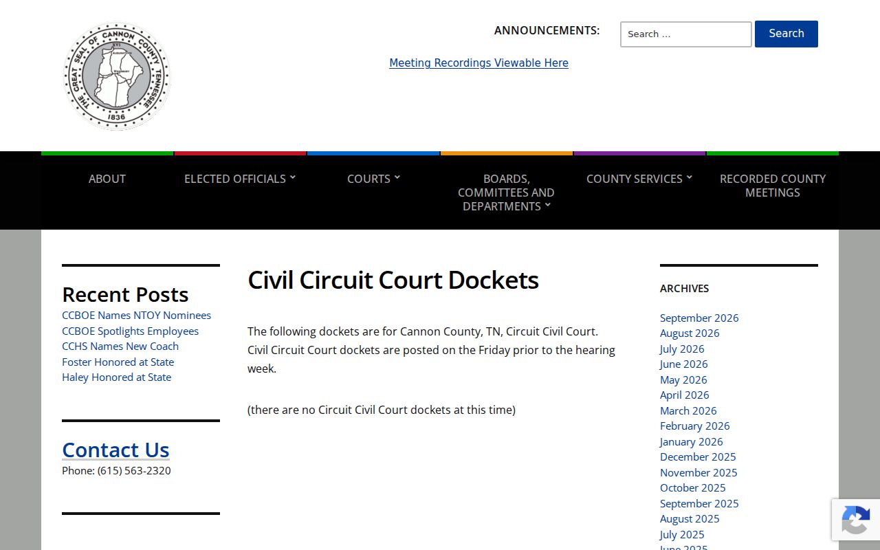 Cannon County Circuit civil docket archive and publication page