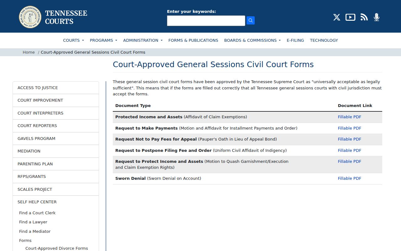 Tennessee General Sessions forms relevant to Cannon County civil dockets