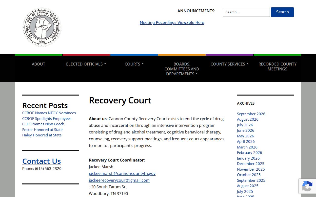 Cannon County court calendar Recovery Court program information