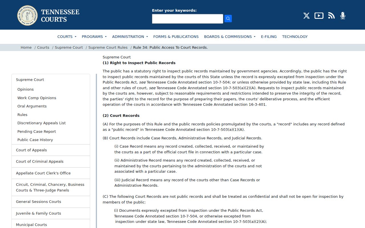 Cannon County court records Tennessee public access Rule 34