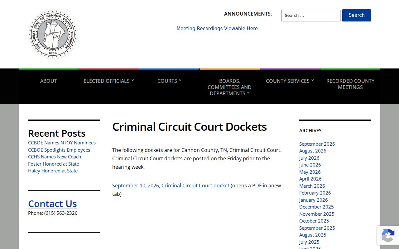 Cannon County Circuit criminal docket archive