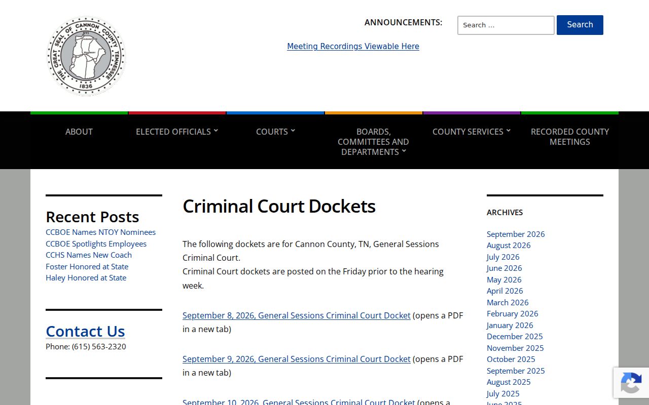 Cannon County criminal docket archive for General Sessions Court