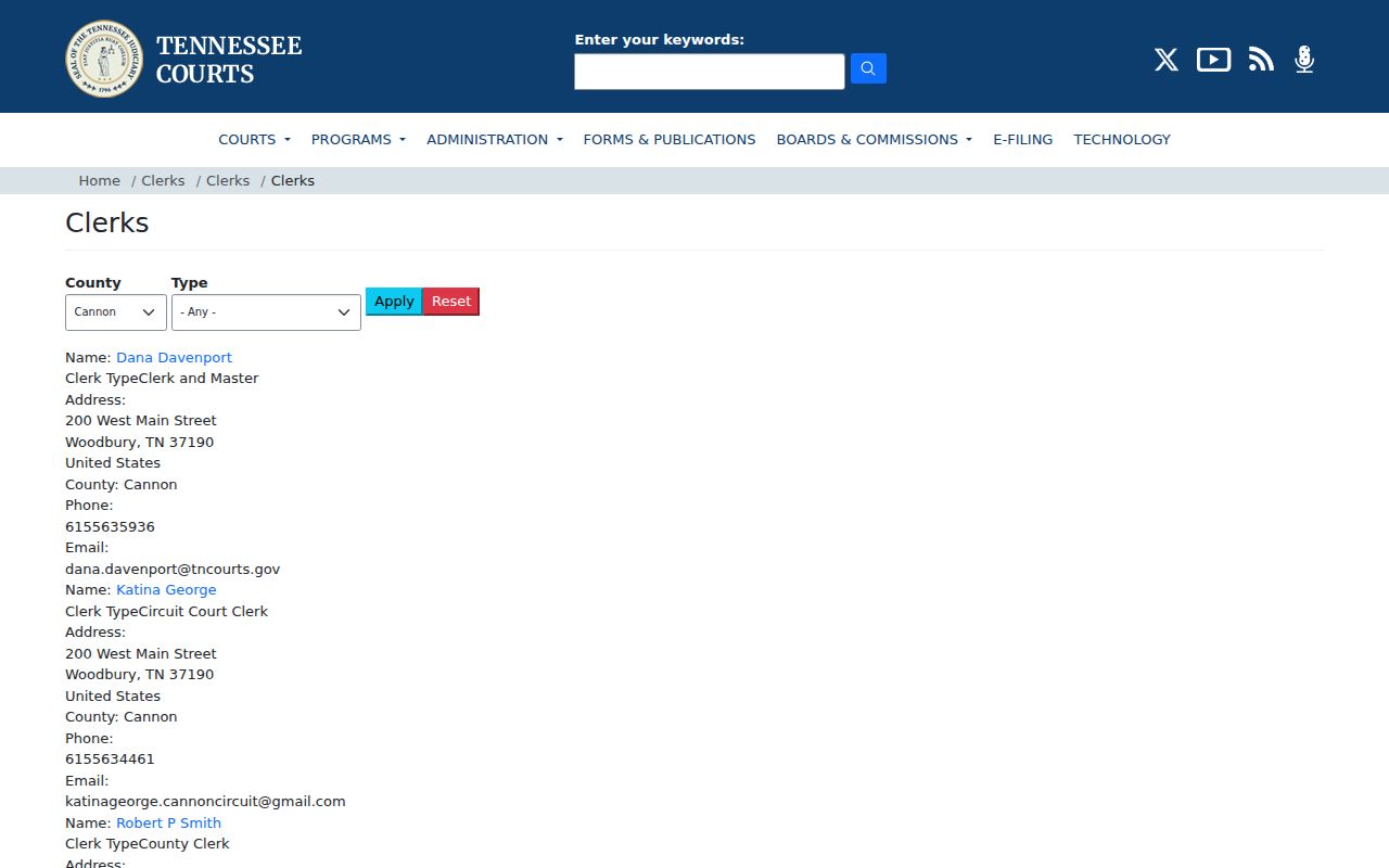 Cannon County court docket clerk directory